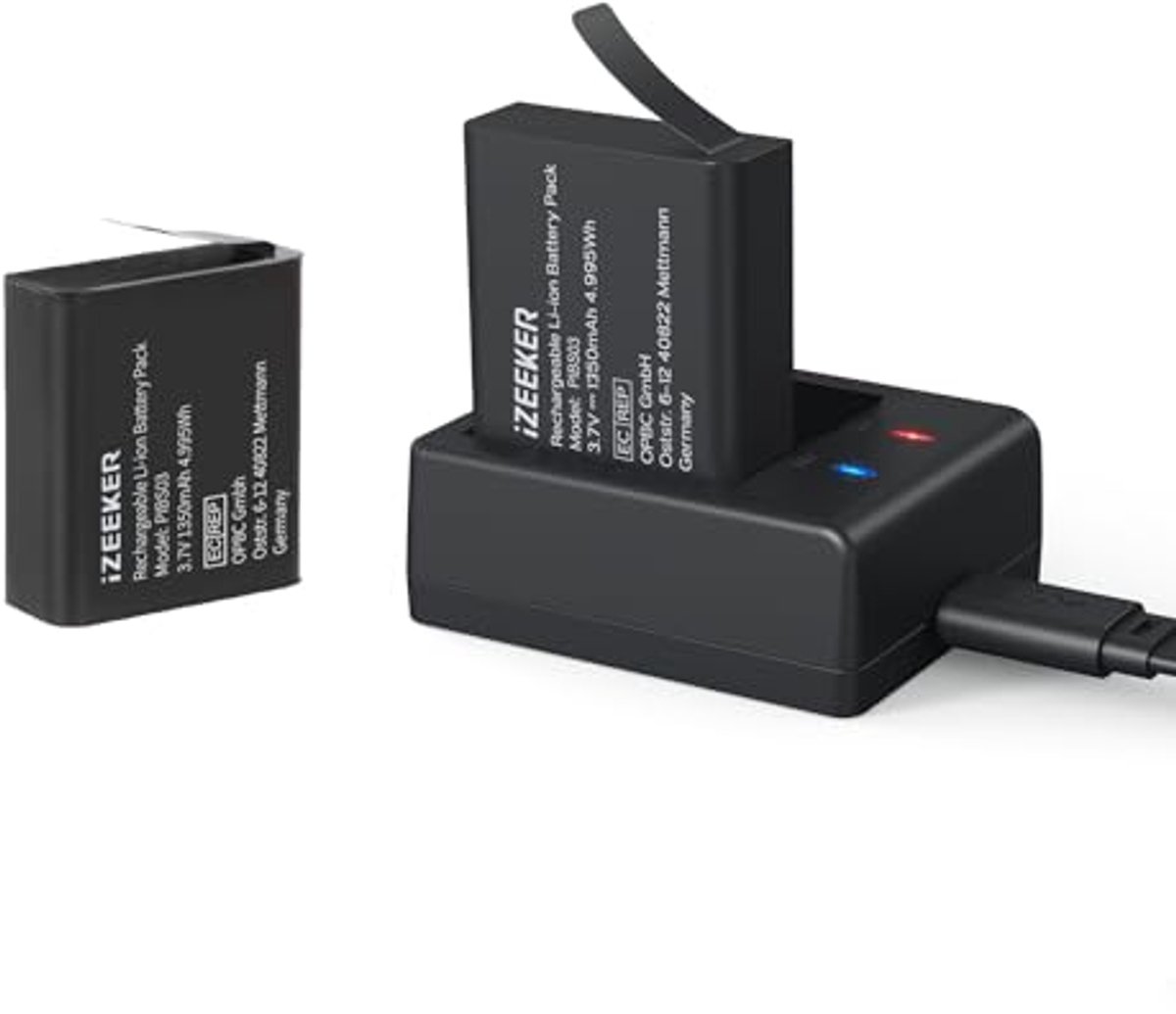 Actiecamera Batterij Kit - Oplaadset Accu - Meer Opnames Maken - Hogere Capaciteit - 1350 mAh - Zwart