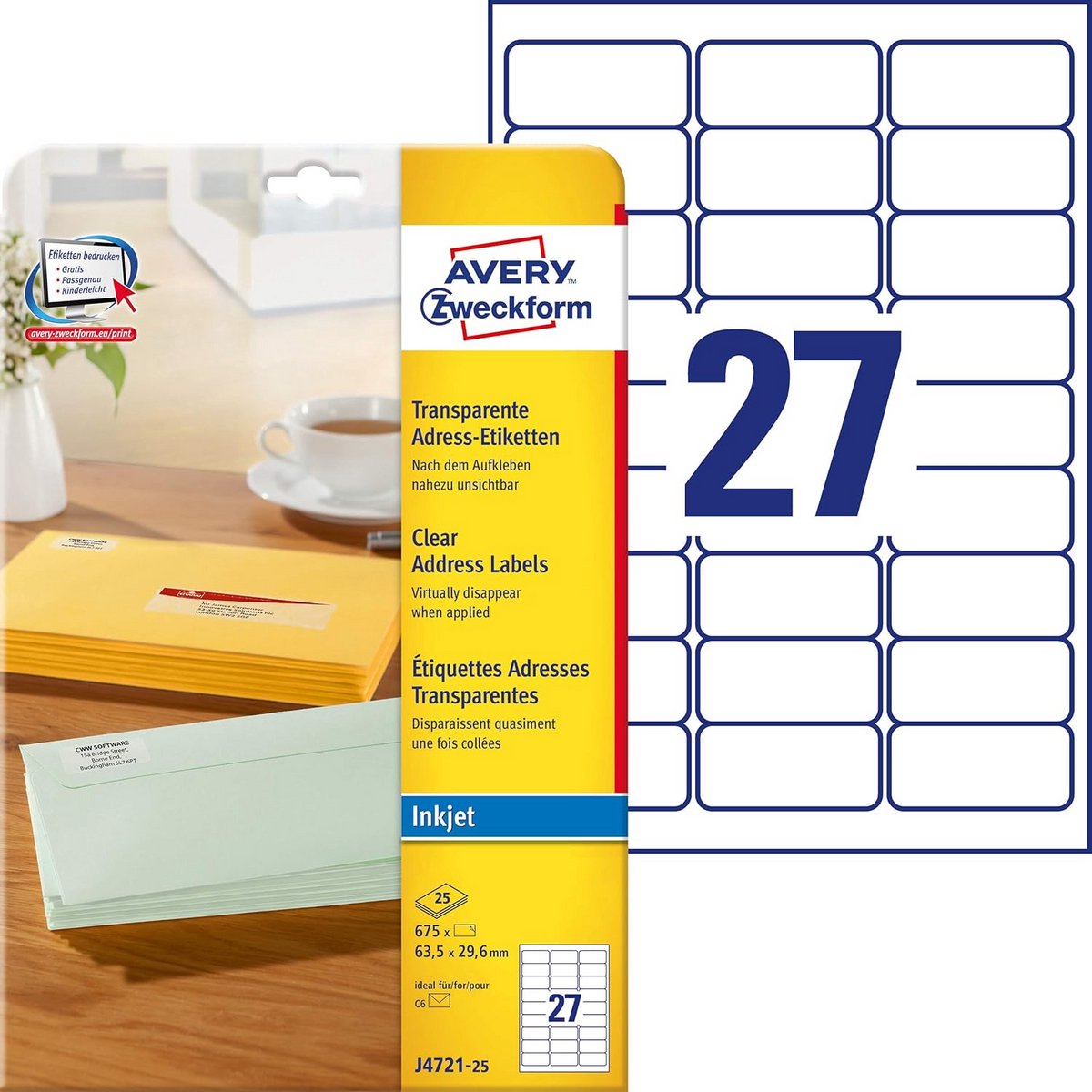 Transparante Adresetiketten voor Inkjetprinters - 675 Labels op 25 Vellen - Ideaal voor C6 Enveloppen - Bedrukbaar en Zelfklevend