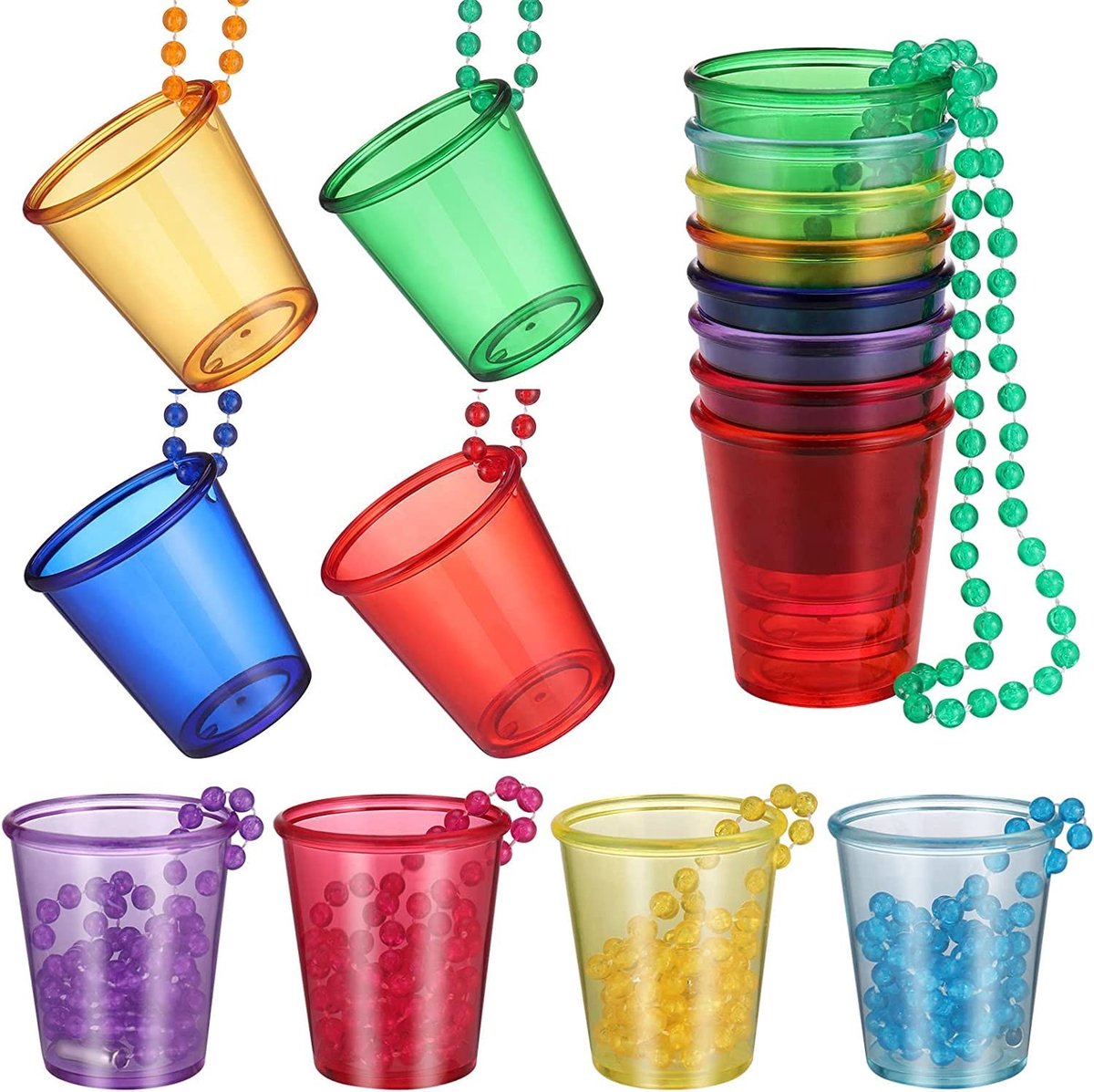 Dailygoods- Shotglazen 16 Stuks - Plastic Kralenketting - Lichtgewicht - 8 Kleuren - Voor Bruiloften/Bachelor Feesten - Decoratieve Rekwisieten - Feestglazen