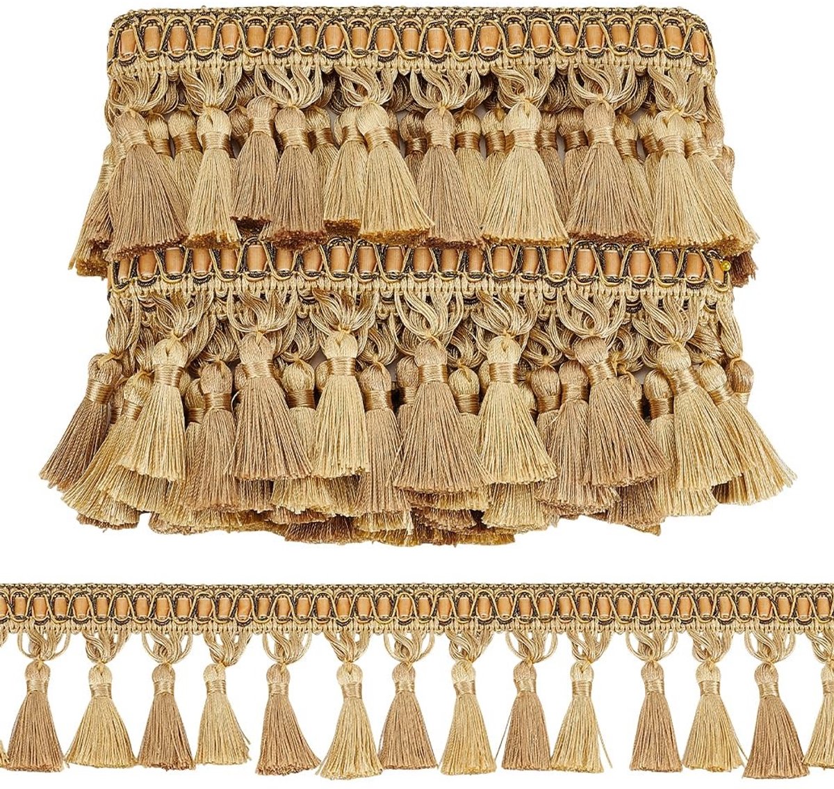 Dailygoods- Kwastje Gouden Trim 10 cm Breed - Handgemaakt - Gevlochten Franje - Duurzaam - Geschikt voor Doe-Het-Zelf - 6,25 Meter Lang
