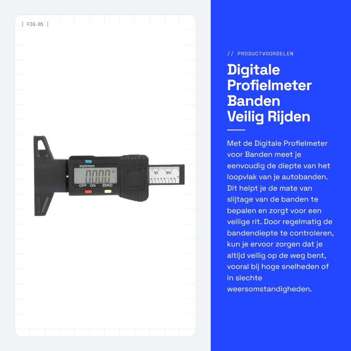 Dailygoods- Bandprofielmeter - Digitale Diepte Meter - LCD Scherm - Nauwkeurigheid 0.1mm - Vervangadvies 1.6mm - Veilig Rijden - Banddiepte Meter