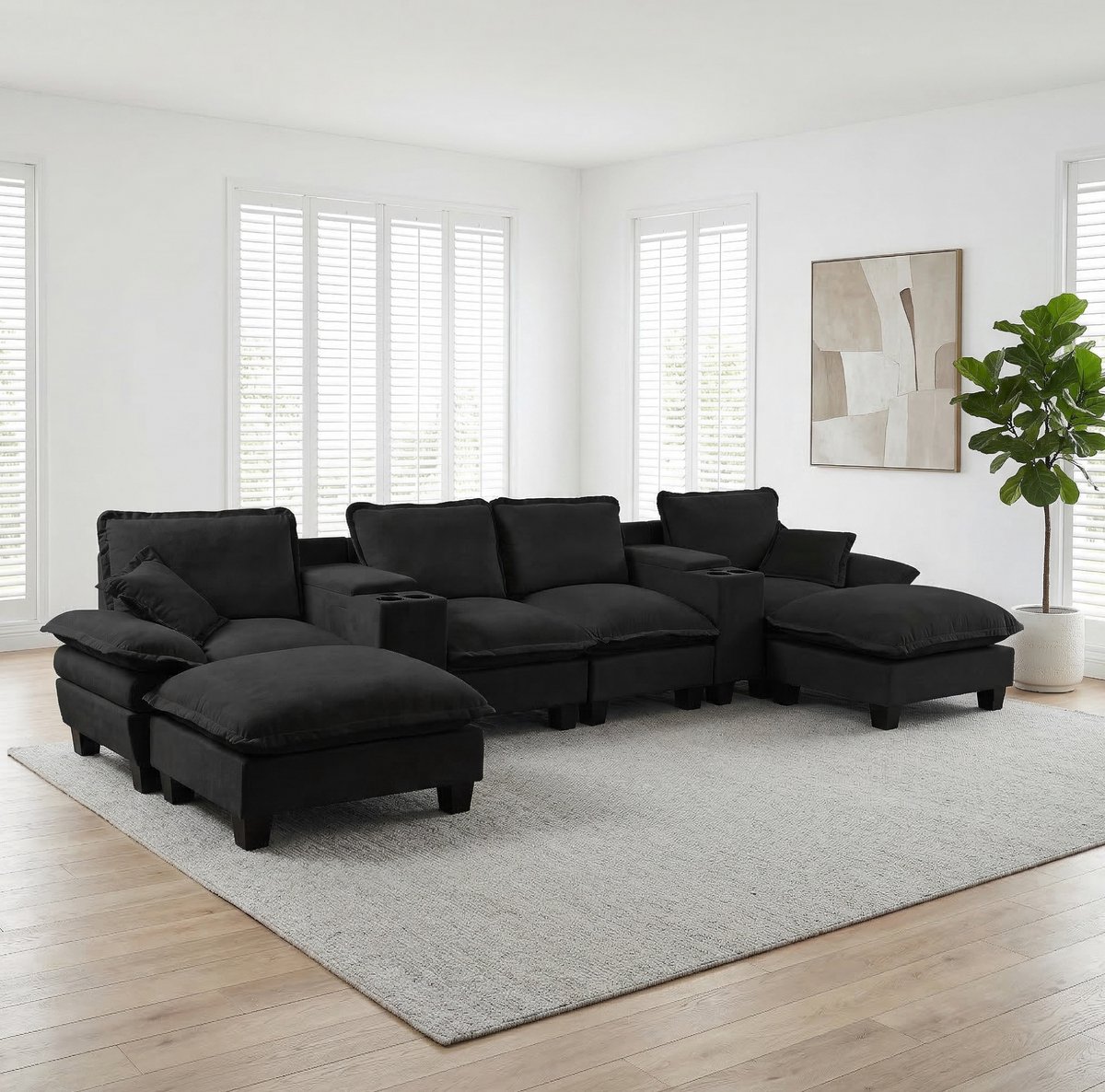 HAUSS SPOLE U-Bank - Modulaire Cloud Bank - Met Opbergruimte, Usb En Bekerhouders - Voor Woonkamer En Appartement - Chenille Zwart