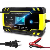 Intelligente Acculader 12V/24V 8A met LCD-scherm - Draagbaar - Auto, Motorfiets, Vrachtwagen - Beheerder en Autoreparatiefunctie - Geschikt voor AGM, Gel, Natte en SLA Batterijen (8-100AH) - Zwart/Geel