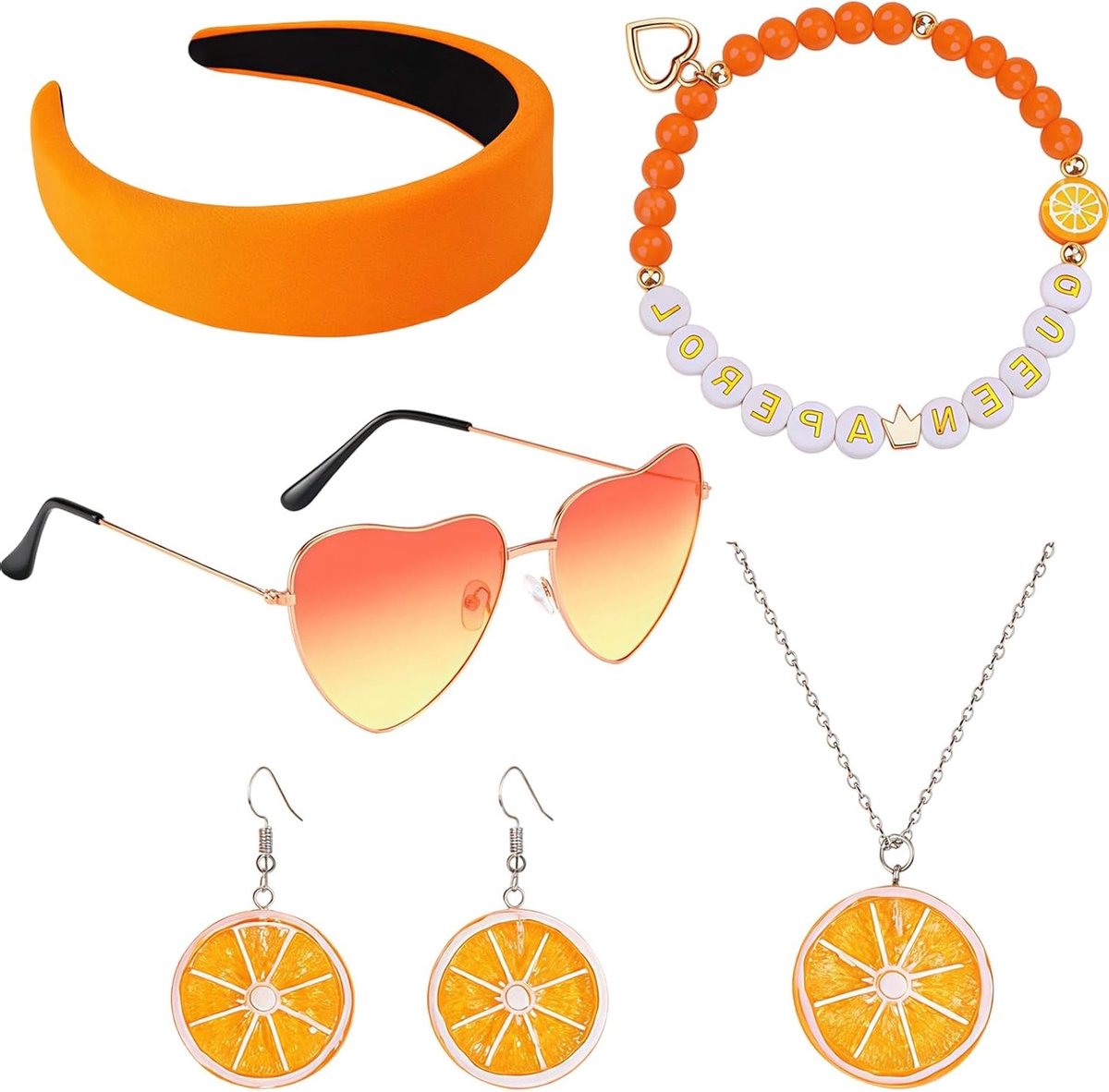 Aperol-thema kostuum voor dames met accessoires, oranje tule rok, oorbellen en bril voor carnaval en feesten
