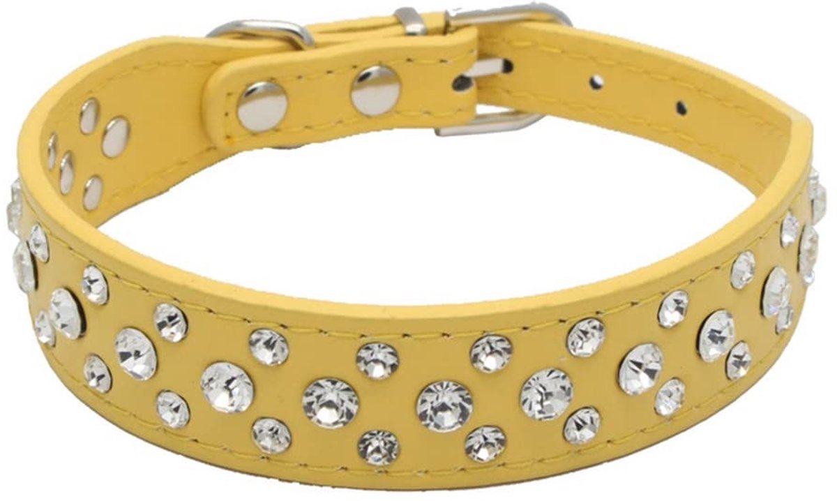 aladdien - Bling Strass Kraag - PU Lederen Huisdier Halsband - Geel - Kristal Diamanten - Verstelbare Kraag voor Honden en Katten - S M L XL