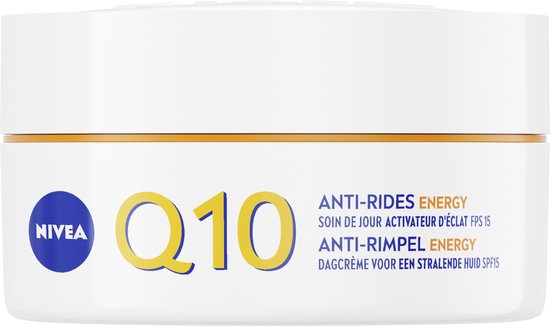 Nivea Q10 Anti-Rimpel Energy dagcrème potje in het Nederlands en Frans met oranje accenten.