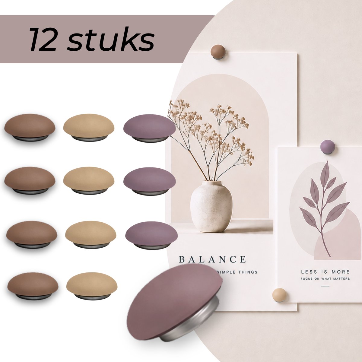 Hoya living - Koelkastmagneten - Mix Naturel Paars - 12 stuks - Whiteboard magneten - Ronde sterke magneten - Kleine magneetjes - Magneten koelkast