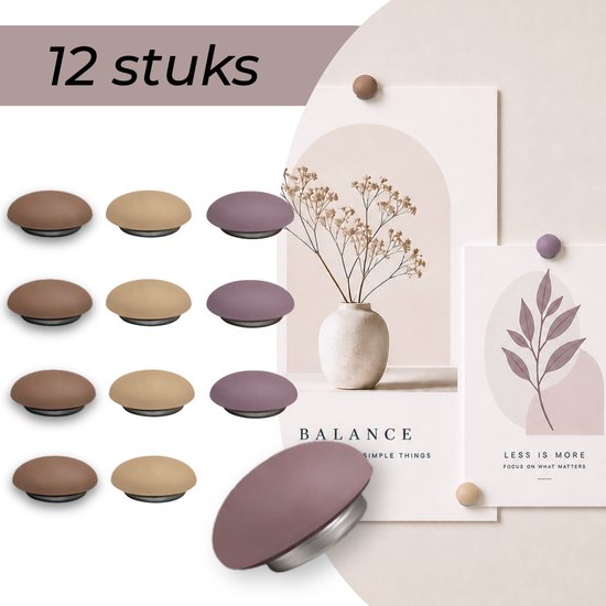 Set van 12 ronde magneten in de kleuren bruin, beige en paars, met twee ingelijste prints.