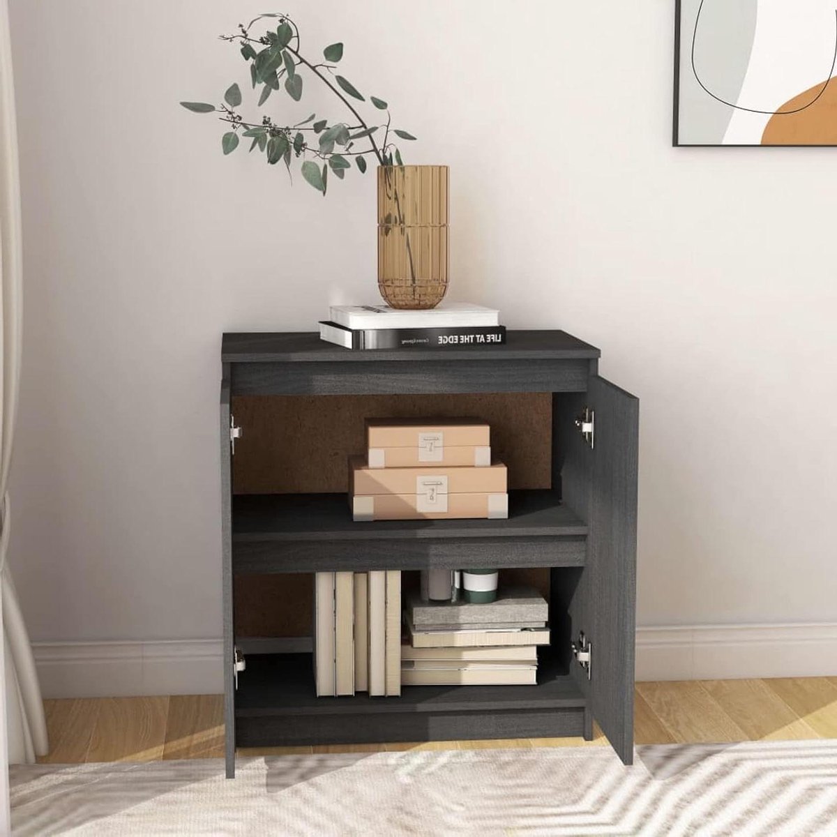 Bijzetkast met 2 vakken - Commode Dressoir - Opbergen en Organiseren - Massief Grenenhout - 60x36x65 cm - Grijs