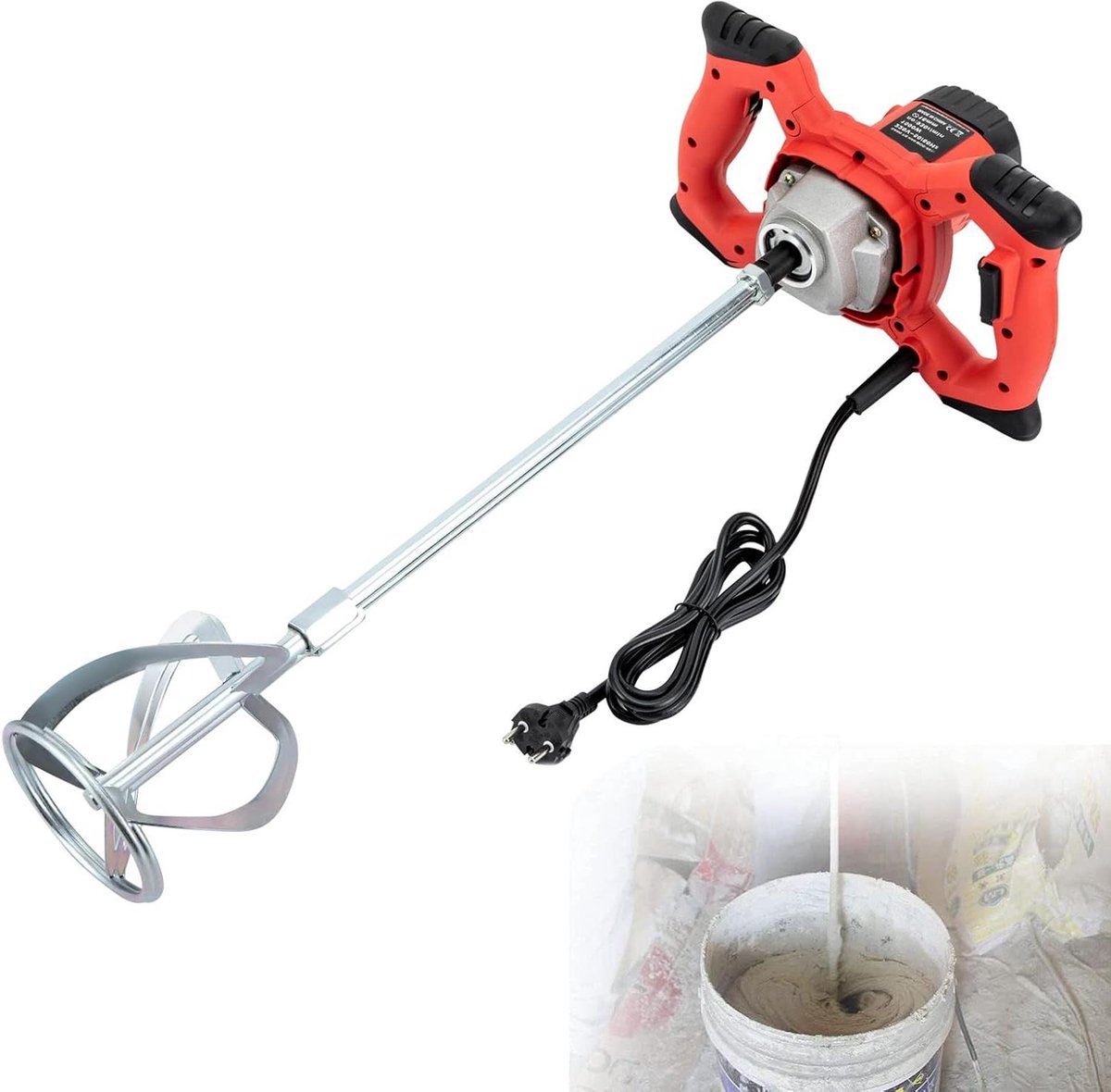 Elektrische Roerder - Mortelmixer Betonmixer - Materialen Mengen - 6 standen S-vormige propeller - 1500 Watt - Rood
