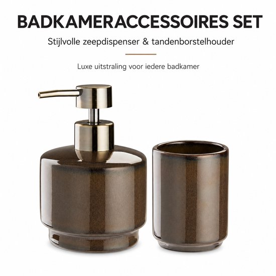 Badkameraccessoires Set Bruin – Zeepdispenser & Tandenborstelhouder – Steengoed – Modern Design – Vaatwasserbestendig