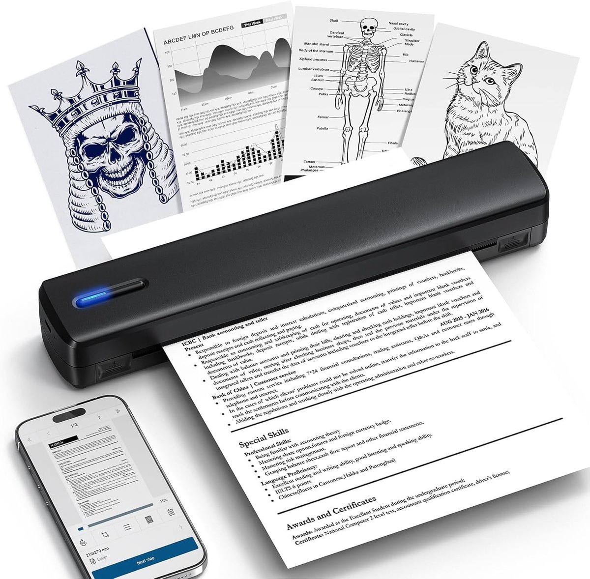 Sounix Portable Bluetooth Printer - A4 Formaat - Draadloos - Thermische Inktvrije Printer - Zwart — afbeelding 1