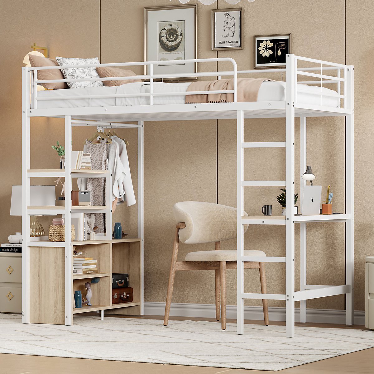 VVBV Hoogslaper 90x200 met bureau / Hoogslaper met bureau en kast – met Opbergrekken, USB, Ladder – Metaal – Wit – Zonder Matras – Metalen Frame