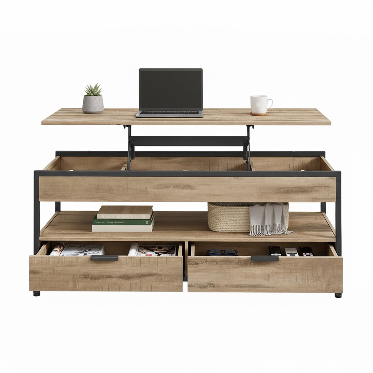 Vasagle Salontafel - Bijzettafel - Met Verstelbaar Blad - Met Laden en Open Vakken - 50 x 120 cm Bruin-Zwart