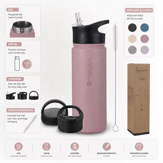 Roze 500ml RVS drinkfles met zwarte rietjesdop, 3 extra doppen, borstel en verpakking.