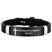 Christelijke Armband Unisex - Met Kruis & Bijbeltekst (Deuteronomium 31:6) - Zwart Siliconen & RVS - Verstelbaar & Waterbestendig - Betekenisvol Geloof Cadeau