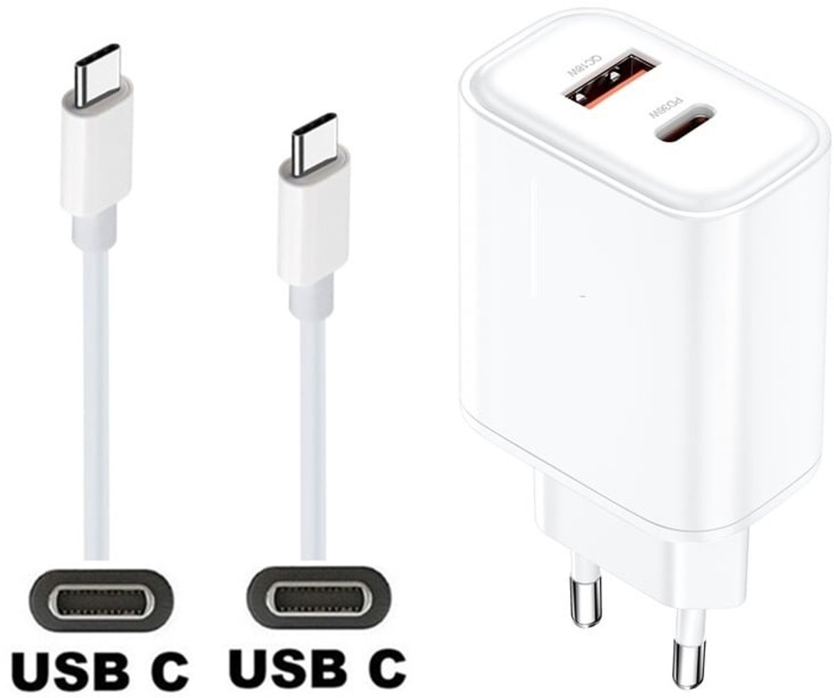 OneOne 36W snellader met 2 poorten + 2,0m sterke USB C naar C kabel. Witte PD PPS lader. GAN oplader adapter past op Motorola Edge 50 / 50 Fusion / 50 Pro / 50 Ultra, Edge 60 / 60s / 60 Fusion, 60 Pro / 60 Ultra, One Power, One Vision, One Zoom
