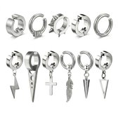 11 delige set Zilverkleurige oorringen voor heren – oorbellen met hangers in kruis, veer, bliksem en punt design – moderne metalen oorhangers set in diverse stijlen