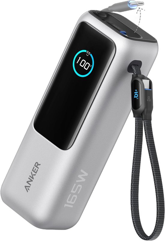 Zilveren Anker powerbank met intrekbare USB-C kabel en draaglus. Scherm toont 100%.