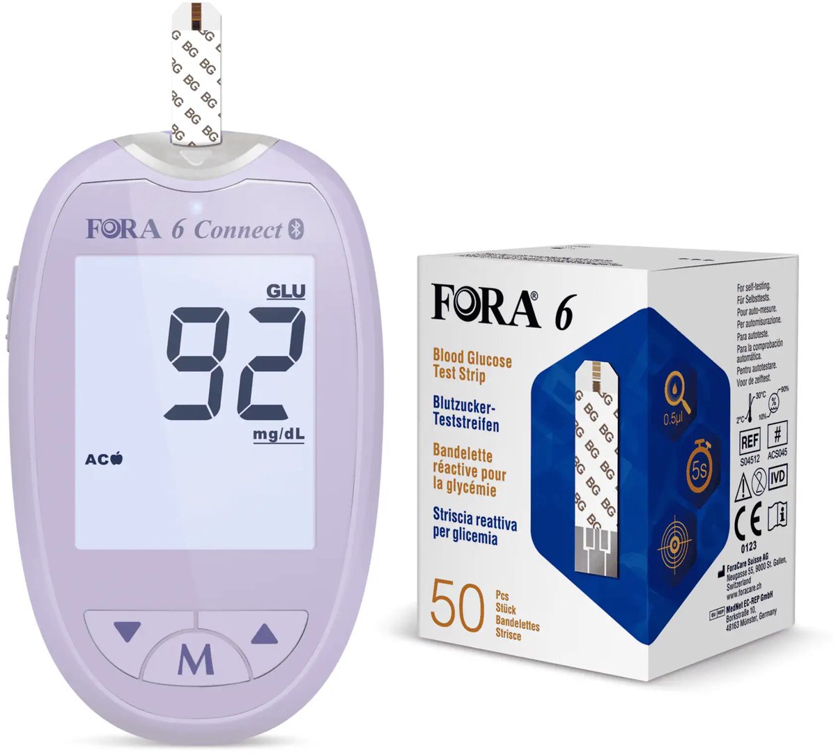 FORA 6 connect Glucosemeter (Multi-parameter) (purple meter) - Bloedsuikermeter - Glucose Meter - Inclusief Glucose Strips