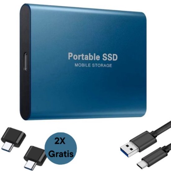 Portable SSD – Externe SSD – 1TB opslag – blauwe SSD – inclusief USB C kabel – USB 3.1 – draagbare SSD – SSD harde schijf – externe harde schijf 1TB – SSD voor laptop – blauw – geschikt voor Windows, Mac en Android