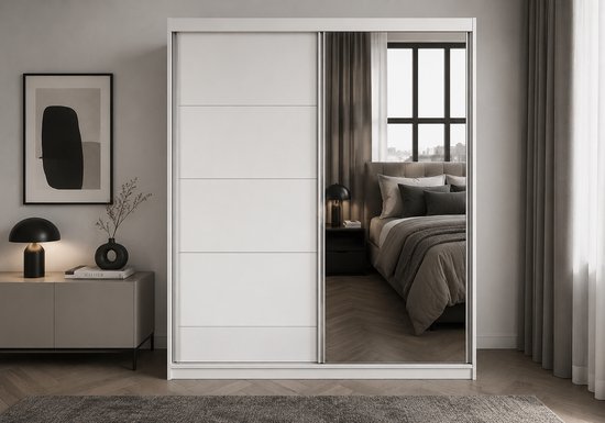Armoire Posa 42 - Armoire 2 portes coulissantes avec miroir, 3 tiroirs et tringle à vêtements - Armoire pour chambre, hall et salon - Armoire moderne avec grand espace de rangement (Wit)