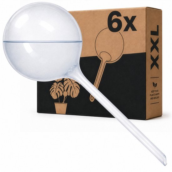 Een glazen waterbol gevuld met water, met op de achtergrond een doos met '6x XXL'.