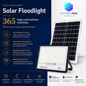 LED schijnwerper met zonnepaneel, met iconen voor 'zonne-energie', 'IP67', '100W daglicht'.