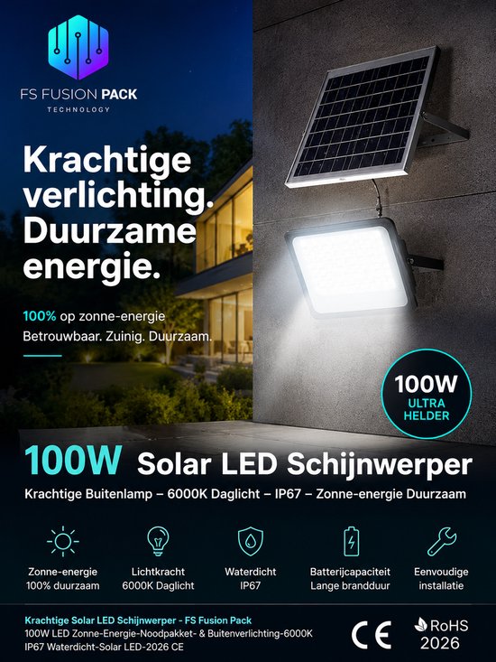 100W Solar LED schijnwerper met zonnepaneel, verlicht een muur bij nacht. Tekst: 'Krachtige verlichting. Duurzame energie.'
