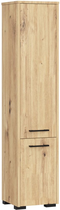 Hoge kast van eikenhout met twee deuren en zwarte handgrepen.
