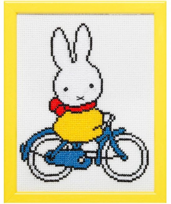 Pako Borduurpakket met telpatroon - Nijntje op de fiets , Dick Bruna - 211.610 - voorgesorteerd garen - Aida - 13 x 17 cm - DIY kit