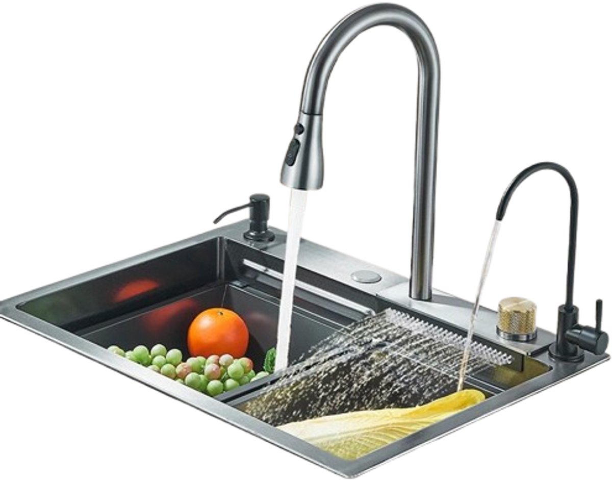 Golaro Waterval Aanrecht - Multifunctioneel - RVS - Grote enkele sleuf - Desing - Keuken- Inclusief Kraan - Grijs - 60x45 cm