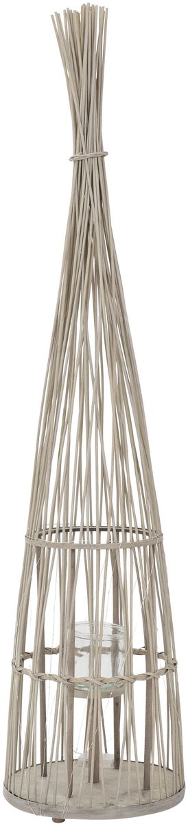 Bamboe lantaarn, lantaarn H: 150 cm houtkleur, boho tuinlantaarn met LED sprookjesverlichting & glazen inzet, rieten kaarsenhouder