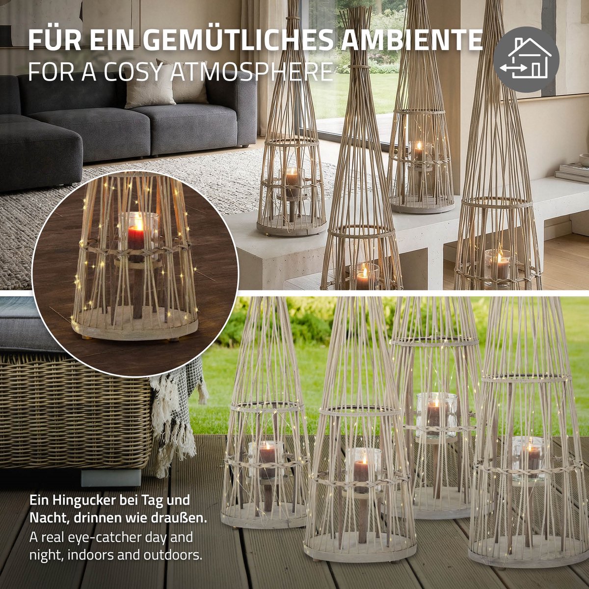 ECD Germany Bamboe lantaarn decoratieve houten windlicht serie grote kaarsenhouder van 110 cm hoog, sfeervolle led lichtketting met glazen inzetstuk luxe boho stijl tuinlantaarn gevlochten look moderne decoratie voor binnen buiten terras en woonkamer — cadeau in Wonen & Interieur - foto 4
