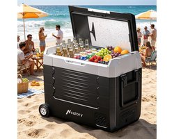Hcalory Koelbox 55L – draagbare mini-koelkast 12V/24V, elektrisch vriesvak, bluetooth, compact voor auto & camping, met wielen en handgreep