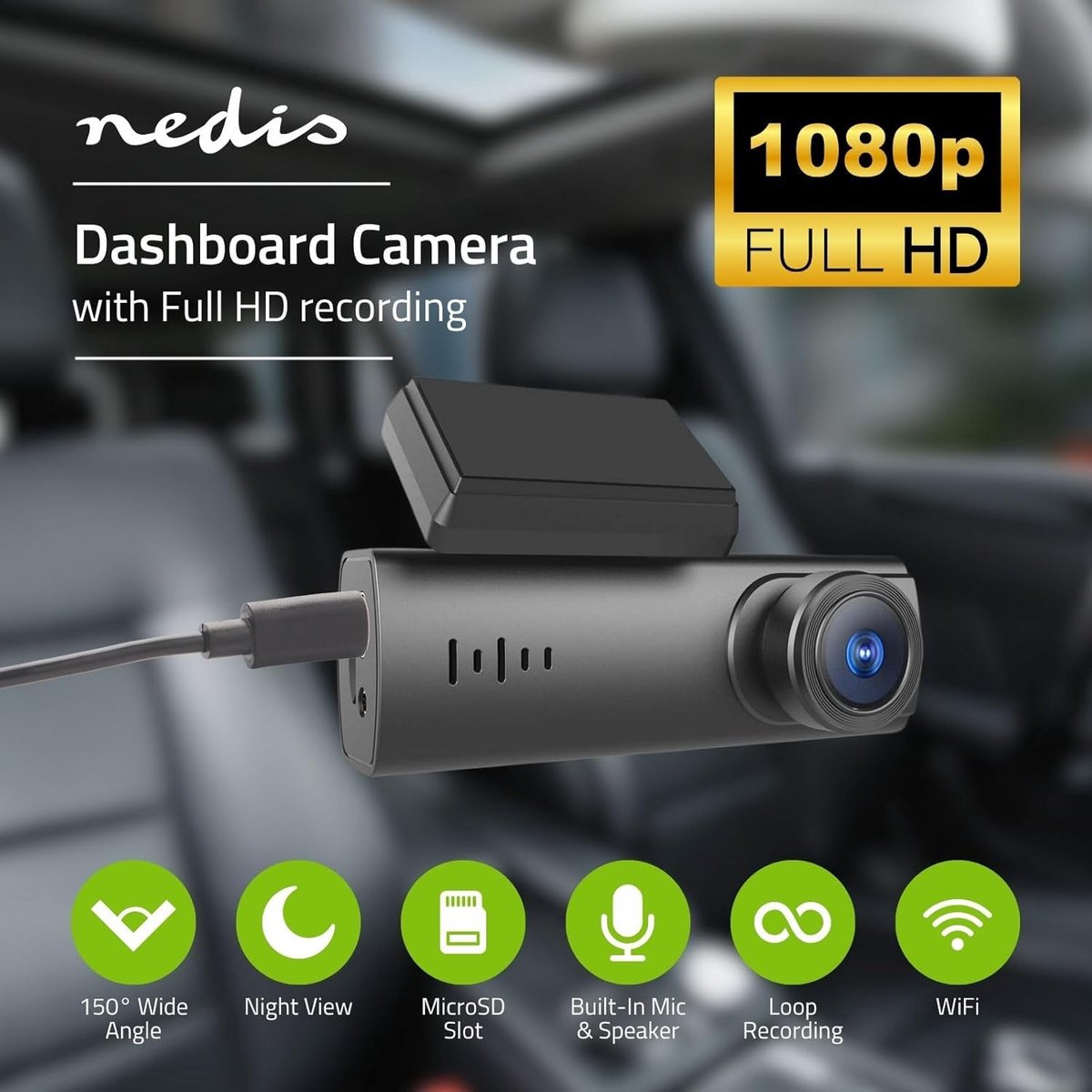 Nedis Dashcam – 1080p Full HD – Voor Auto – WiFi – Nachtzicht – Looprecording - 128GB - Vaderdag Cadeau – foto 2