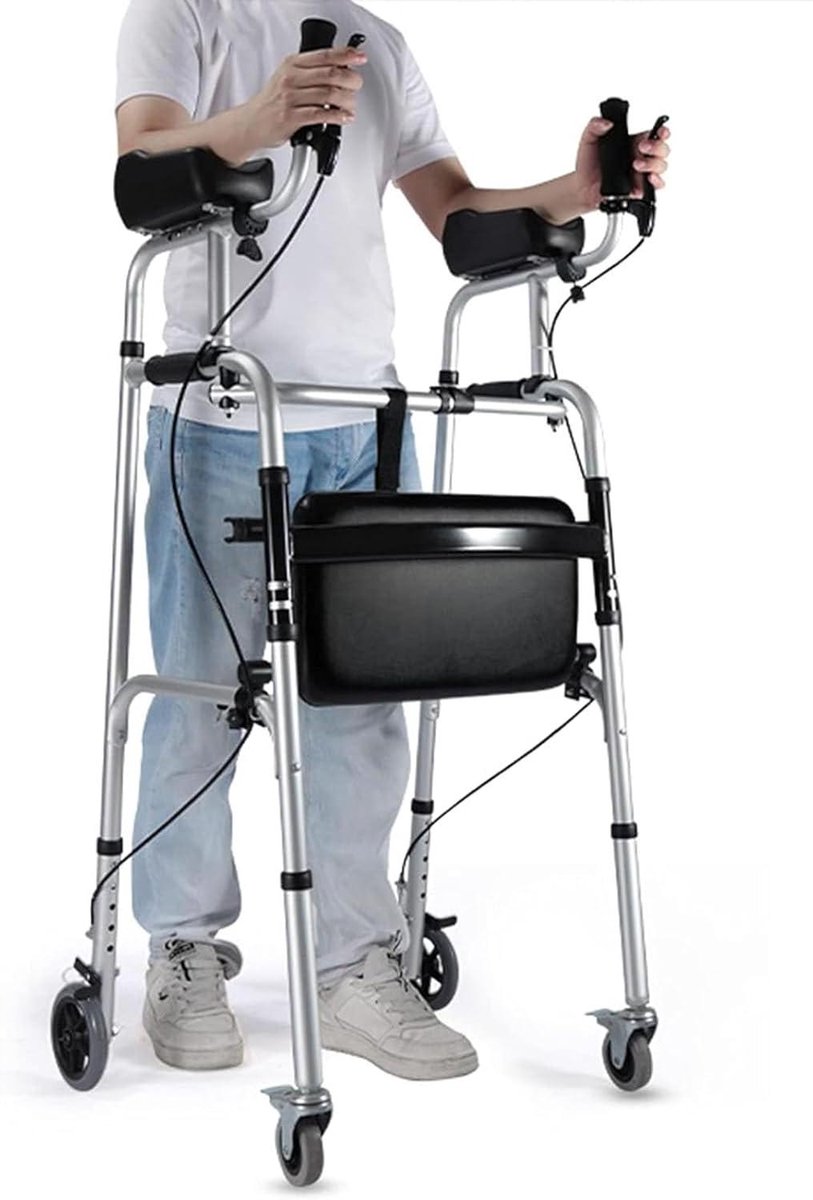 Looprek met Armsteunen - Wandelstok Rollator - Revalideren Lopen - Met Handremmen - Verstelbaar 140-185cm - Zilver