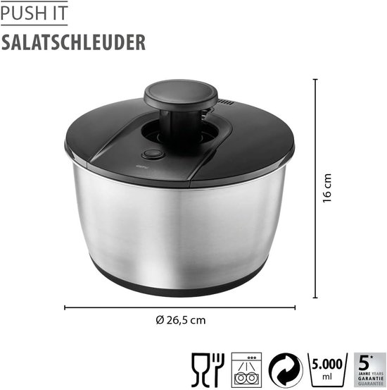 Salade centrifuge - Groente droger - Salade bereiden - Innovatief push mechanisme - 5 liter - Zilverkleurig — afbeelding 5