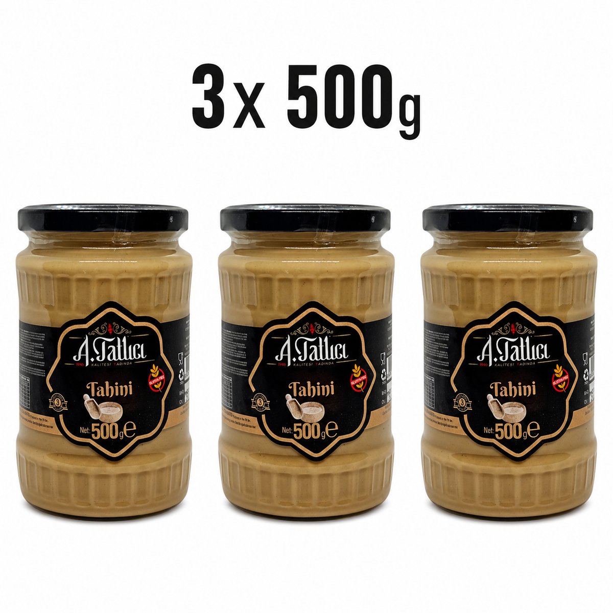 Abdurrahman Tatlici Tahin 100% Sesampasta – Glutenvrij Tahini & Zonder Toevoegingen – 3x 500g Glazen Pot | Rijk aan Calcium & Plantaardige Eiwitten