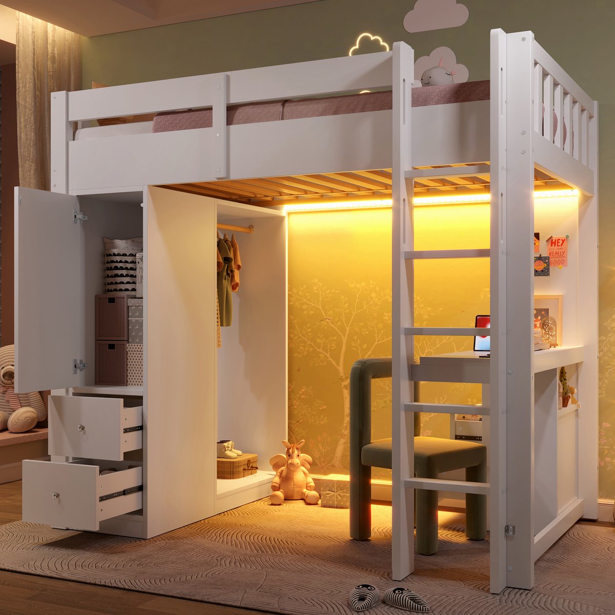 Hoogslaper - 90x200 - Hoogslaper Met Lades Opbergkast Bureau Open Kledingkast LED USB - mu