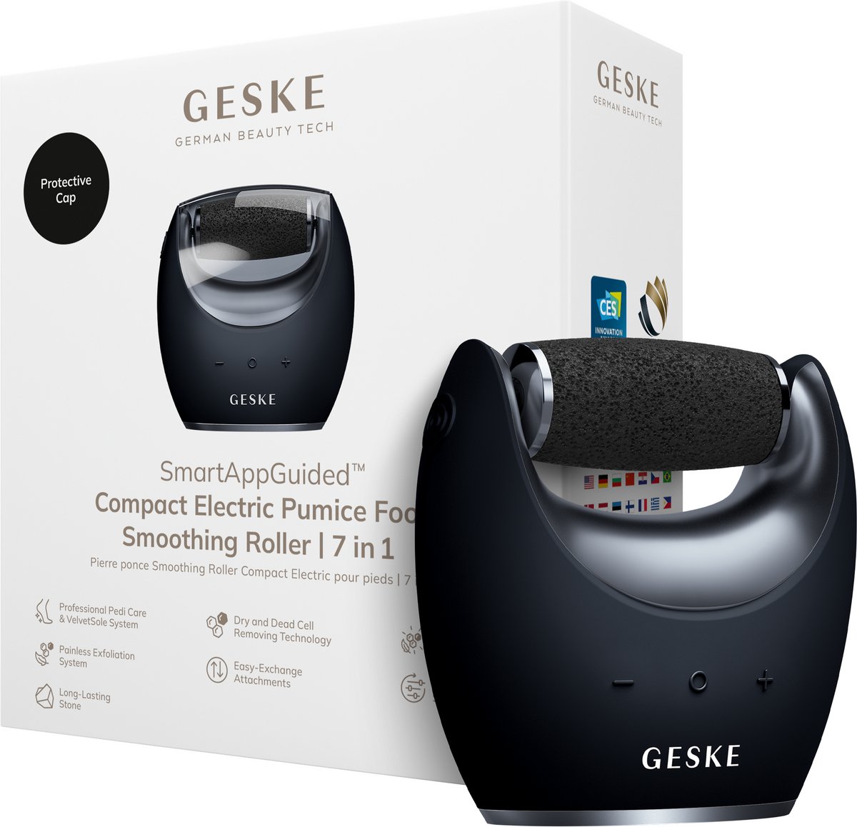 GESKE Compact Electric Pumice Foot Smoothing Roller | 7 in 1 | Elektrische Voetvijl & Exfoliator | Langdurige Puimsteen | Voor Zachte Voeten | Geavanceerde Eeltverwijdering