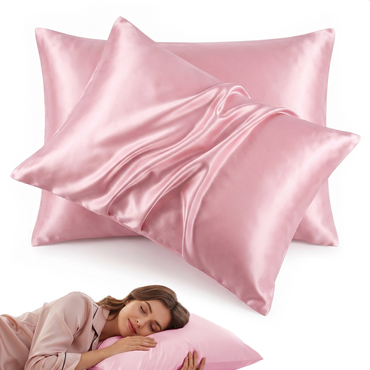 Soft & Silky Satijnen Kussensloop set van 2 - Incl. bonnet en slaapmasker - 50x70 cm - Slaapmuts - Krullen - Satijn - Moerbij - Zijden - Beauty - Zachte - Satin - Kussenslopen - Roze