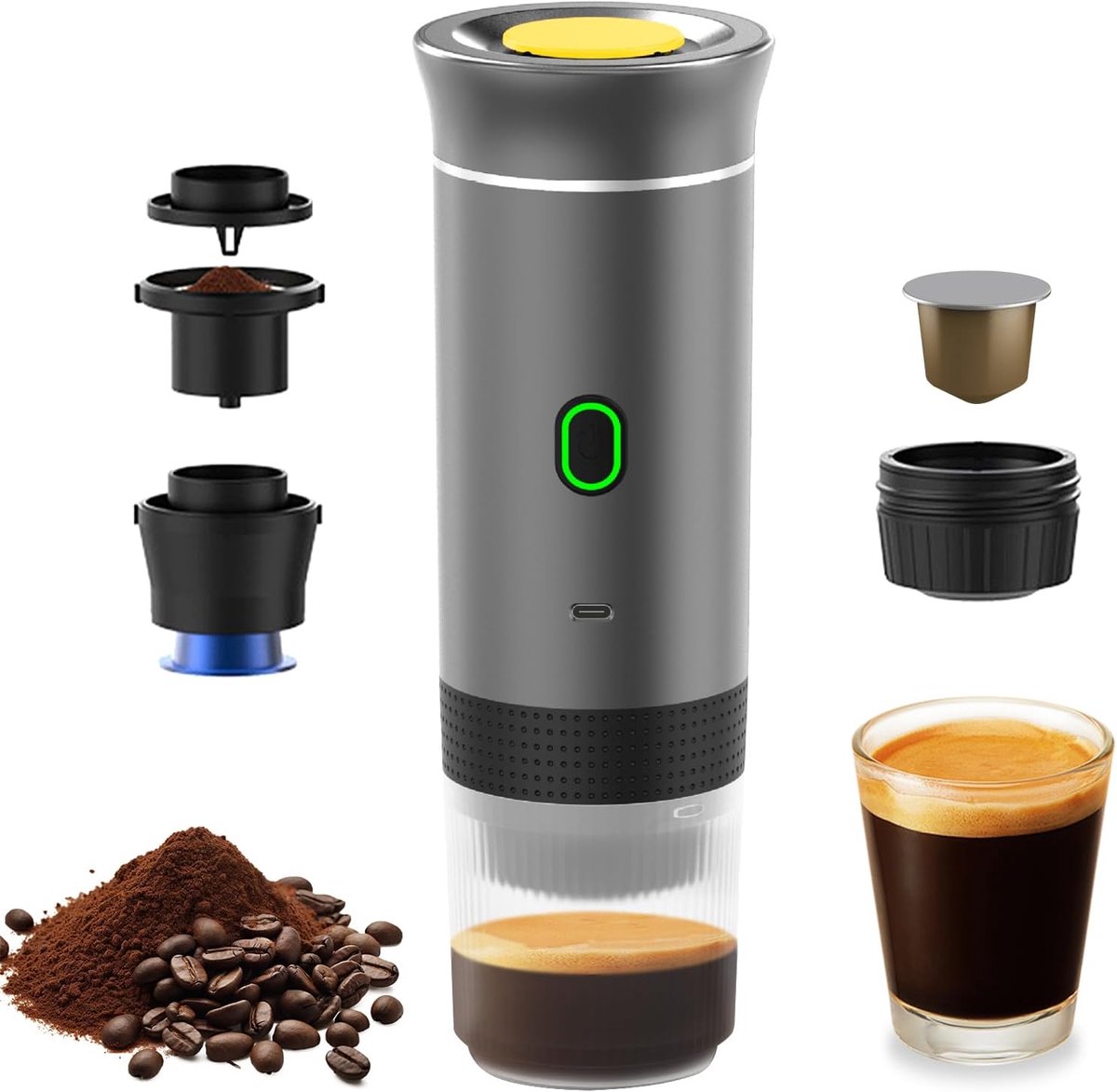 Draadloze elektrische 3-in-1 koffiemachine - 1 stuk - 8,3 × 24,5 cm - 60 ml - Draagbaar - Geschikt voor capsules en gemalen koffie - Maakt zowel cold brew als warme koffie - Grijs