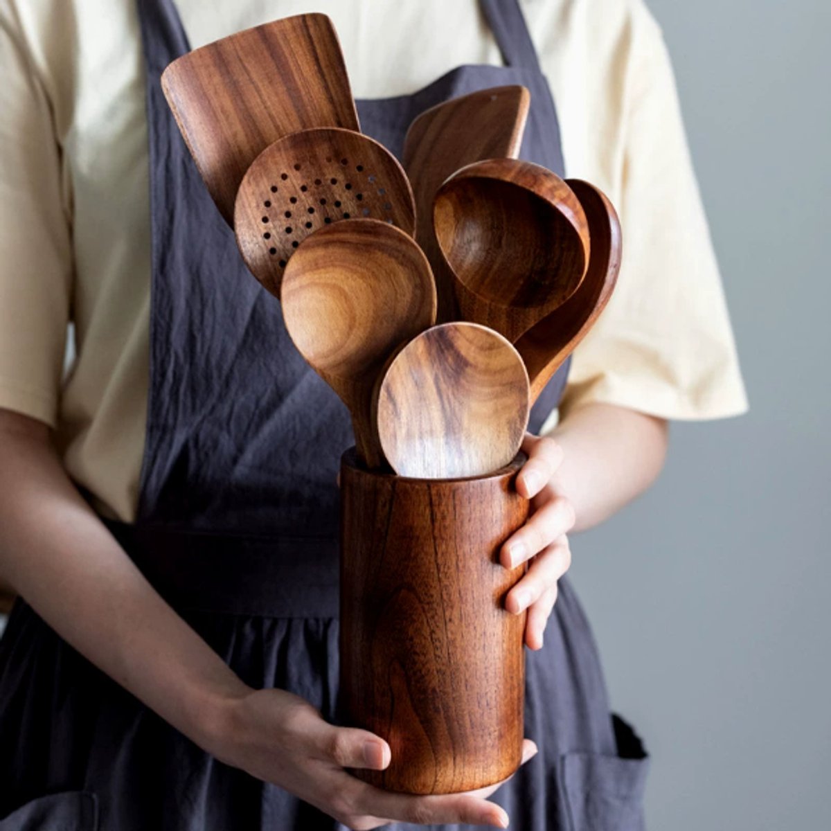MODENUIT Keukengerei Set – 8-Delig – 35 x 10 x 10 cm – Hout – Bruin – Voor Koken en Serveren – Met Opbergemmer
