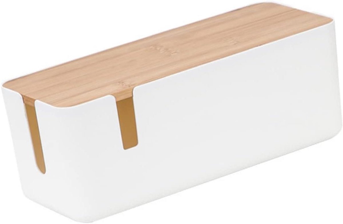 Kabel Opbergdoos - Snoer Organizer - Kabels Organiseren - Met Bamboe Deksel - 30 x 12.3 cm - Wit