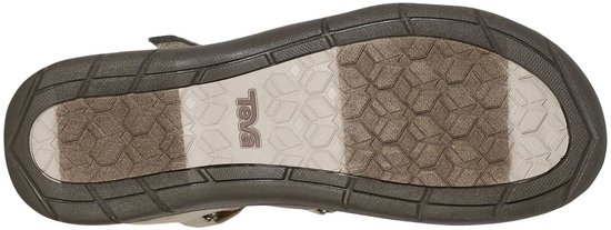 Onderkant van een beige Teva sandaal met taupe zool en patroon.