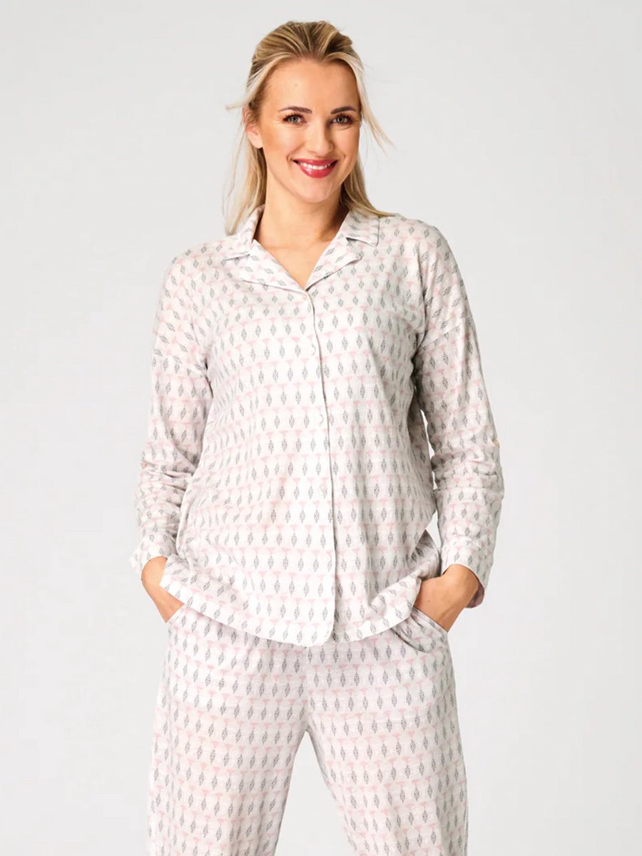 Key Katoenen Dames Pyjama Lange Mouw Zomer Knoopsluiting Print Wit Roze LNS 879 42 /