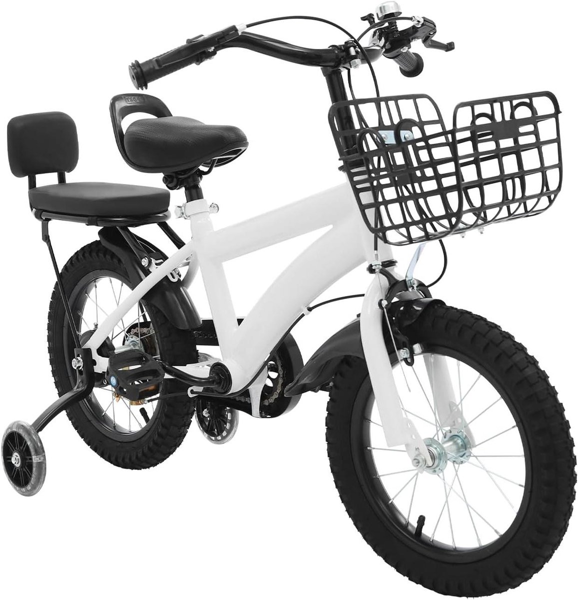 Kinderfiets - Loopfiets met trappers - Veilig leren fietsen - Met steunwielen - 14 inch - Wit/zwart
