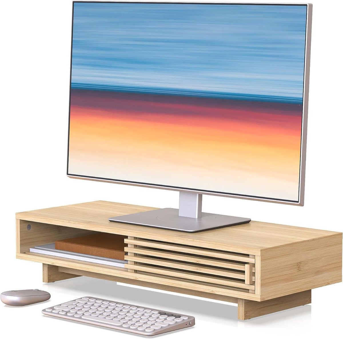 Monitorstandaard - Bureau opberger - Bureau organiseren - Met schuifdeur - 64 cm - Bamboe