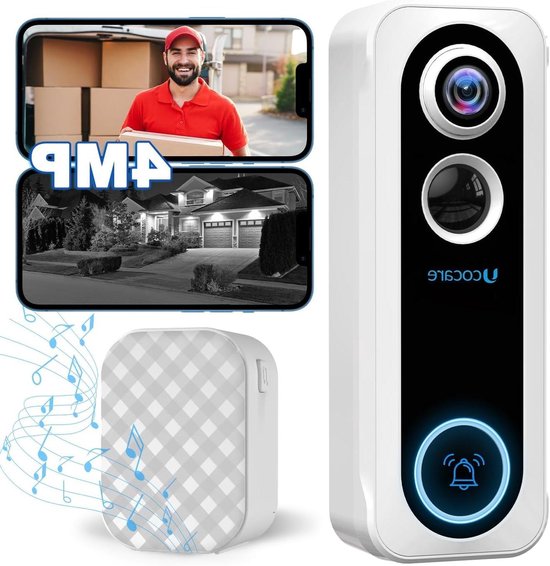 Witte deurbel met twee camera's en blauwe ring. Naast deurbel: smartphone met bezorger, nachtzicht van huis en deurbel met muzieknoten.
